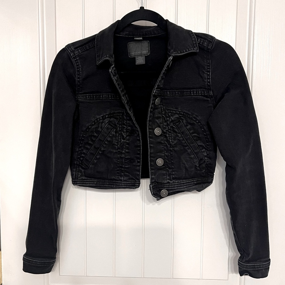 American Eagle crop black denim jacket xxs!